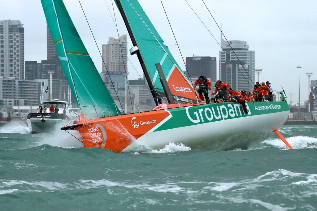 Groupama&rsquo;s crew move quickly as they head up the Waitemata in a freshening breeze for the final time - Volvo Ocean Race Auckland - Start March 18,2012 photo copyright Richard Gladwell www.photosport.co.nz taken at  and featuring the  class