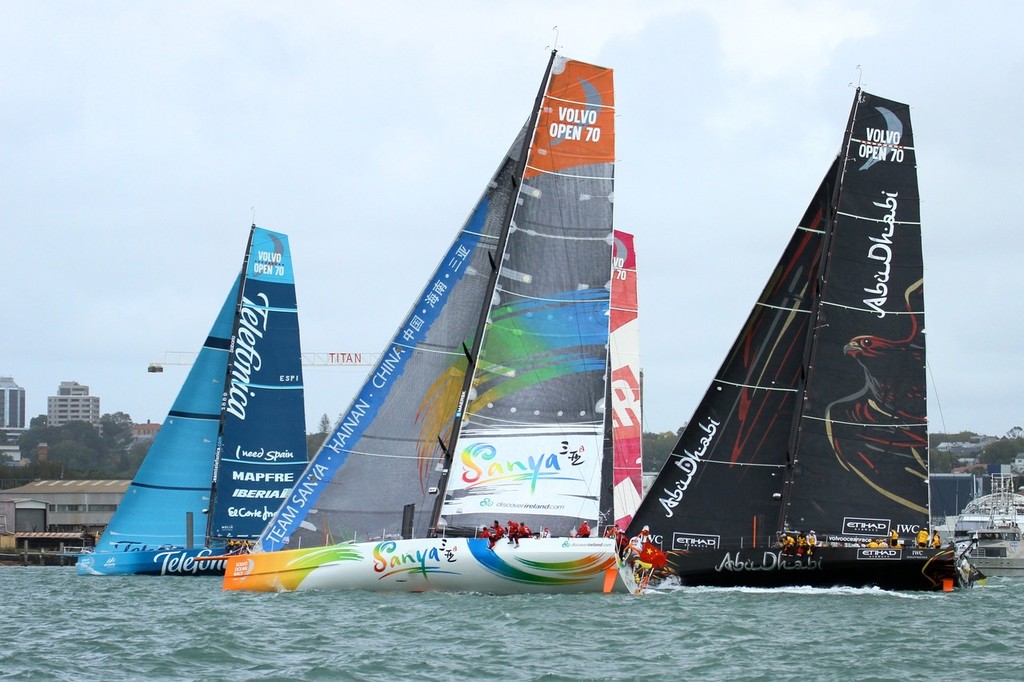 Four of the fleet get away from the start line, staying out of the flood tide - Volvo Ocean Race Auckland - Start March 18,2012 photo copyright Richard Gladwell www.photosport.co.nz taken at  and featuring the  class