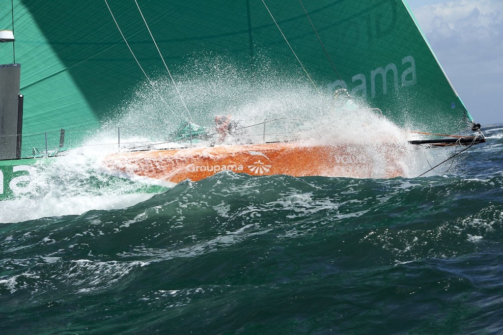 Groupama at the start of Volvo Ocean Race 2011-12 Leg 9 photo copyright Yann Riou/Groupama Sailing Team /Volvo Ocean Race http://www.cammas-groupama.com/ taken at  and featuring the  class