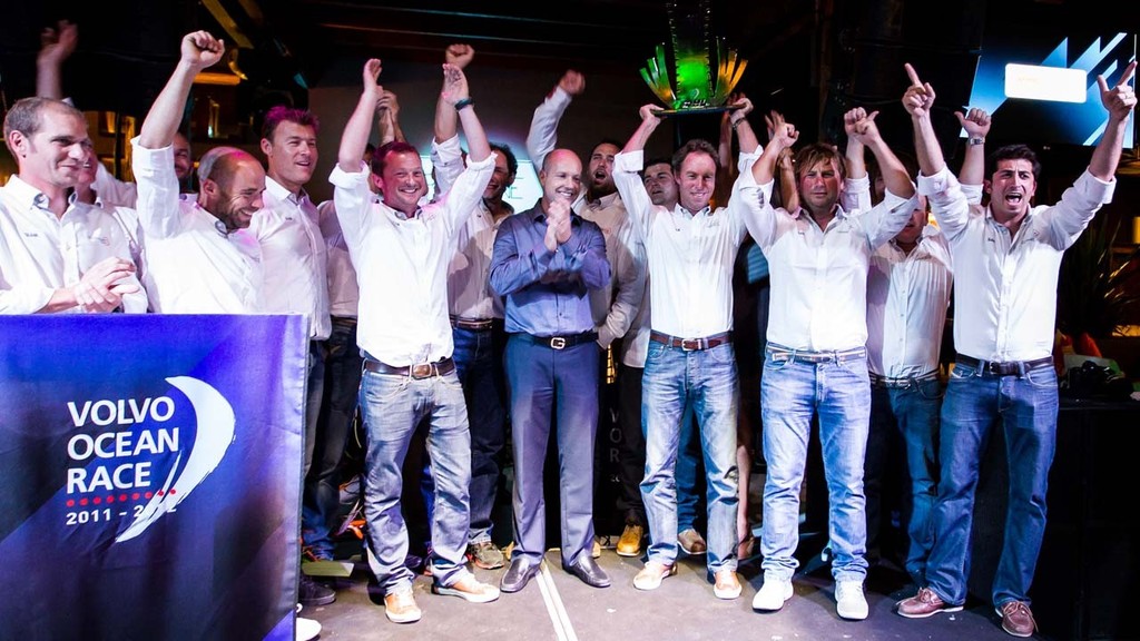 DHL Express Country Manager, Joakim Thrane, presents Groupama Sailing Team, skippered by Franck Cammas from France with the DHL Shore Crew award for leg 5 of the Volvo Ocean Race 2011-12, at the Prize Giving Ceremony in Itajai, Brazil. © Ian Roman/Volvo Ocean Race http://www.volvooceanrace.com