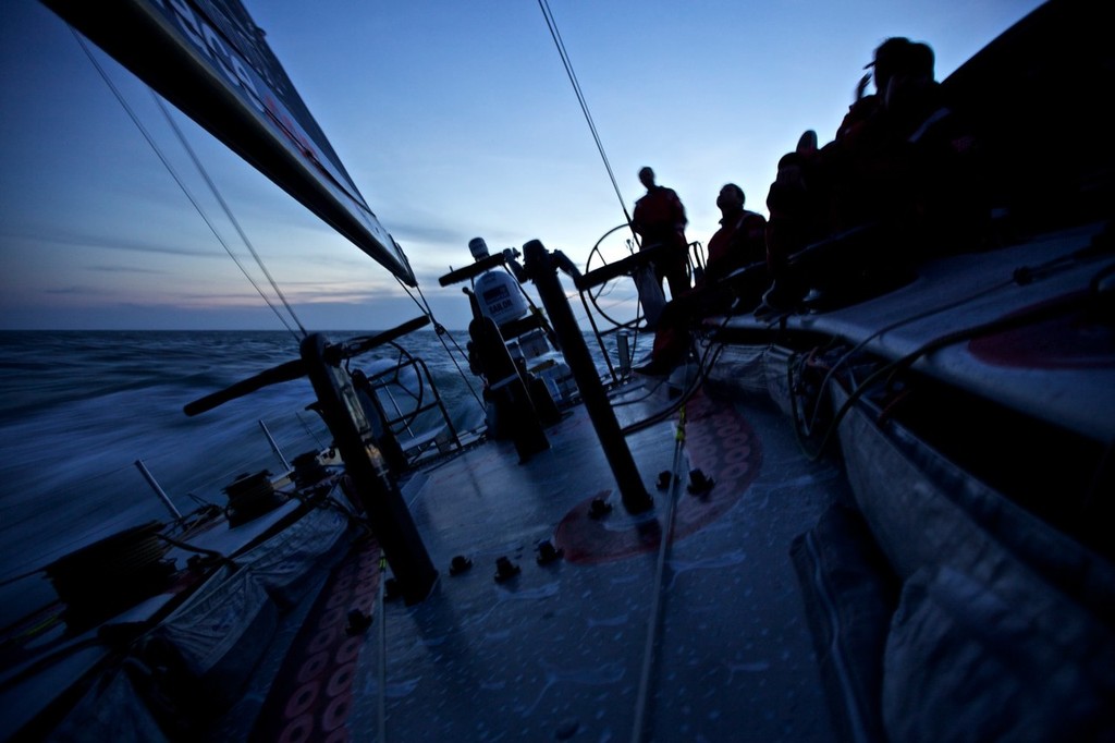 The last of the daylight behind PUMA’s Mar Mostro on the way to the Leg 5 finish in Itajai, Brazil. Puma Ocean Racing powered by Berg during leg 5 of the Volvo Ocean Race 2011-12, from Auckland, New Zealand, to Itajai, Brazil.  © Amory Ross/Puma Ocean Racing/Volvo Ocean Race http://www.puma.com/sailing