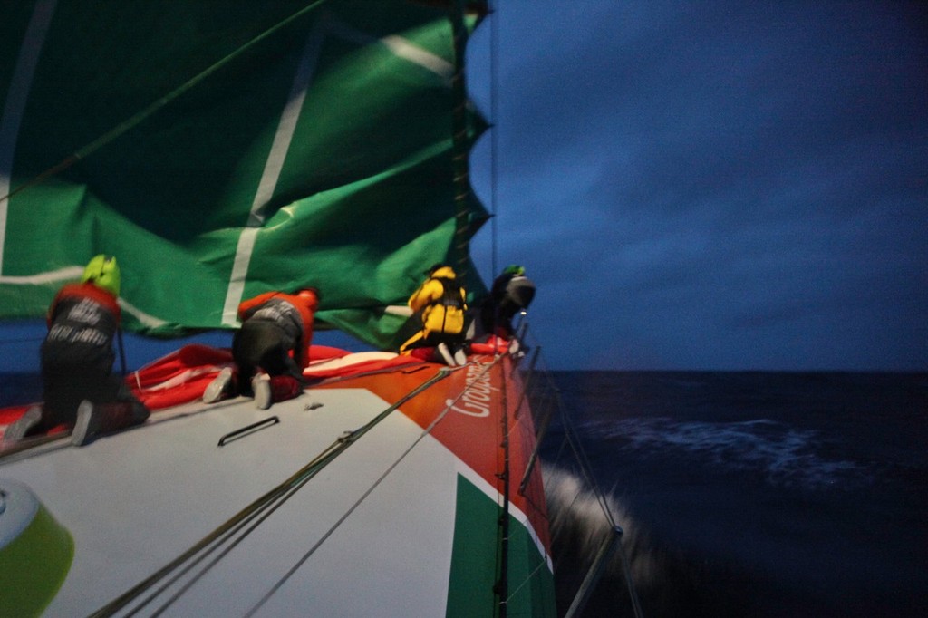 The crew is setting up the J4 onboard Groupama Sailing Team during leg 5 of the Volvo Ocean Race 2011-12 © Yann Riou/Groupama Sailing Team /Volvo Ocean Race http://www.cammas-groupama.com/