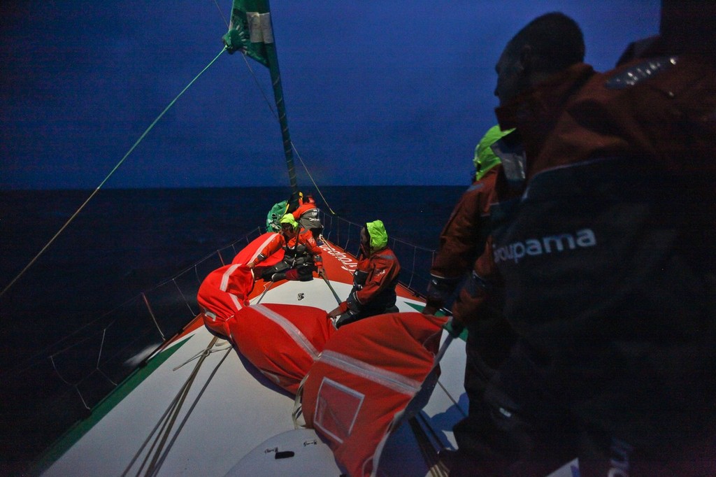 Setting up the J4 onboard Groupama Sailing Team during leg 5 of the Volvo Ocean Race 2011-12, from Auckland, New Zealand to Itajai, Brazil. (Credit: Yann Riou/Groupama Sailing Team/Volvo Ocean Race) photo copyright Yann Riou/Groupama Sailing Team /Volvo Ocean Race http://www.cammas-groupama.com/ taken at  and featuring the  class