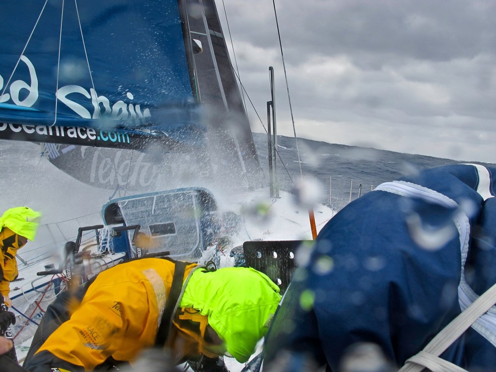 Team Telefonica heading into colder and rougher conditions, during leg 5 of the Volvo Ocean Race 2011-12, from Auckland, New Zealand to Itajai, Brazil. (Credit: Diego Fructuoso/Team Telefonica/Volvo Ocean Race) photo copyright Diego Fructuoso /Team Telefónica/Volvo Ocean Race http://www.volvooceanrace.com taken at  and featuring the  class