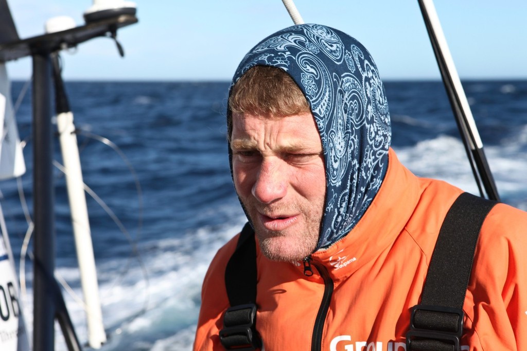 Charles Caudrelier wearing alternative head protaction, onboard Groupama Sailing Team during leg 5 of the Volvo Ocean Race 2011-12, from Auckland, New Zealand to Itajai, Brazil. (Credit: Yann Riou/Groupama Sailing Team/Volvo Ocean Race) photo copyright Yann Riou/Groupama Sailing Team /Volvo Ocean Race http://www.cammas-groupama.com/ taken at  and featuring the  class