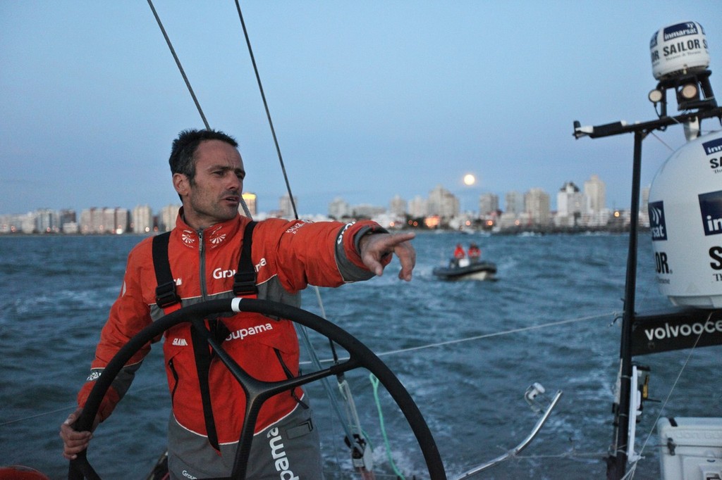 Skipper Franck Cammas directing Groupama Sailing Team as they leave Punta del Este, Uruguay, with their newly made jury rig, to continue leg 5 of the Volvo Ocean Race 2011-12, from Auckland, New Zealand to Itajai, Brazil. © Yann Riou/Groupama Sailing Team /Volvo Ocean Race http://www.cammas-groupama.com/