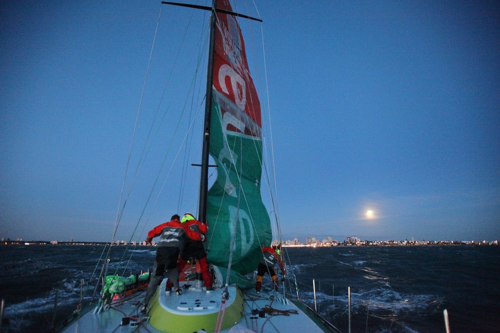 Groupama Sailing Team leave Punta del Este, Uruguay, with their newly made jury rig, to continue leg 5 of the Volvo Ocean Race 2011-12, from Auckland, New Zealand to Itajai, Brazil.  © Yann Riou/Groupama Sailing Team /Volvo Ocean Race http://www.cammas-groupama.com/