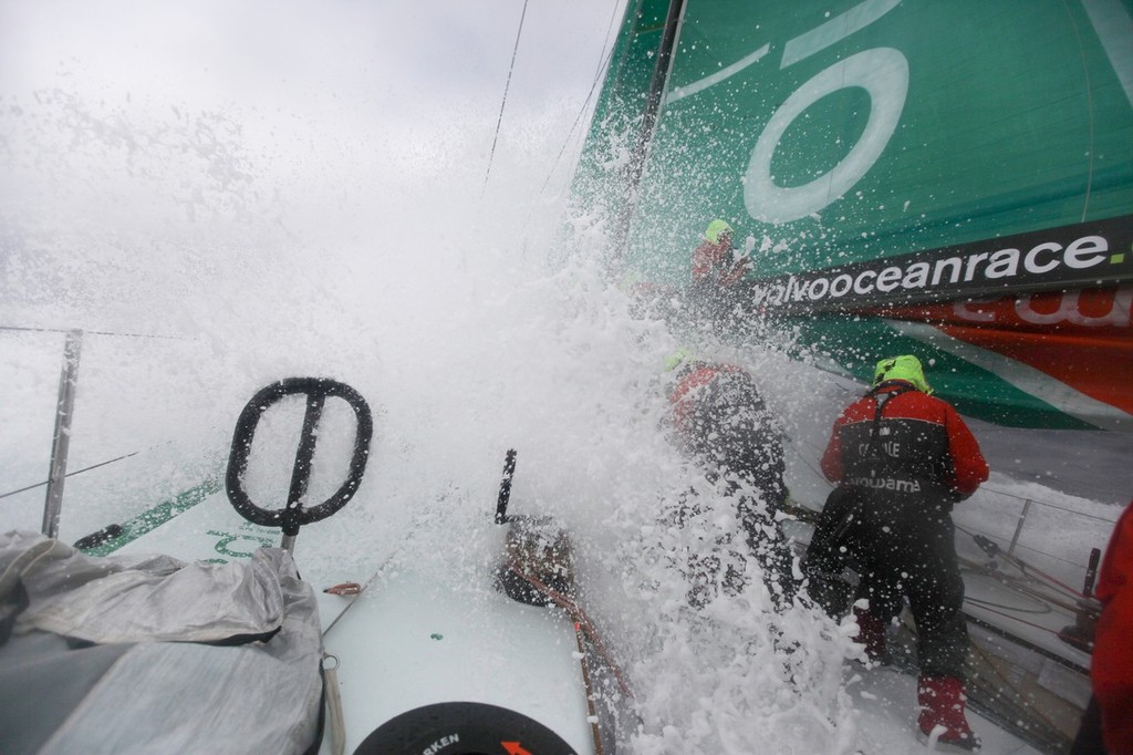 Groupama Sailing Team, back on track after a stuck mainsail had to be freed, during leg 8 of the Volvo Ocean Race 2011-12, from Lisbon, Portugal to Lorient, France. (Credit: Yann Riou/Groupama Sailing Team/Volvo Ocean Race) photo copyright Yann Riou/Groupama Sailing Team /Volvo Ocean Race http://www.cammas-groupama.com/ taken at  and featuring the  class