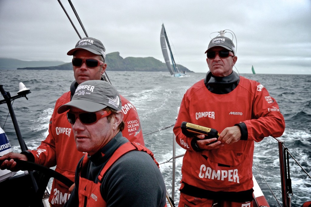 Skipper Chris Nicholson and Navigator Will Oxley and Tony Rae with Telefonica and Groupama close behind onboard CAMPER with Emirates Team New Zealand during leg 9 of the Volvo Ocean Race 2011-12, from Lorient, France to Galway, Ireland. (Credit: Hamish Hooper/CAMPER ETNZ/Volvo Ocean Race) photo copyright Hamish Hooper/Camper ETNZ/Volvo Ocean Race taken at  and featuring the  class