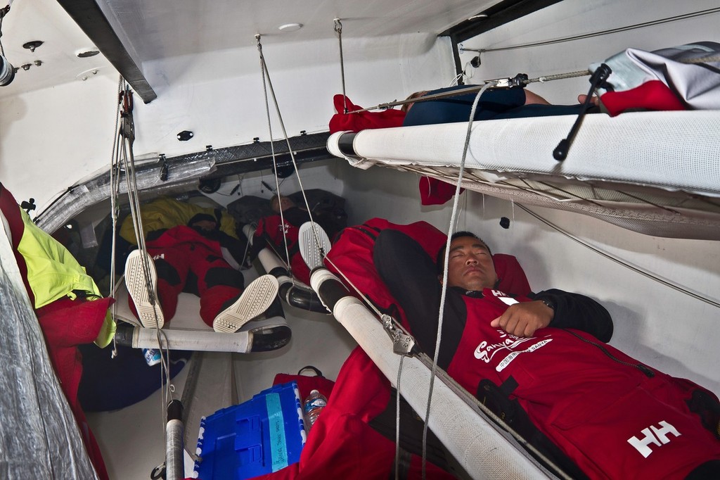 Last sleep below deck onboard Team Sanya during leg 9 of the Volvo Ocean Race 2011-12, from Lorient, France to Galway, Ireland.  © Andrés Soriano/Team Sanya/Volvo