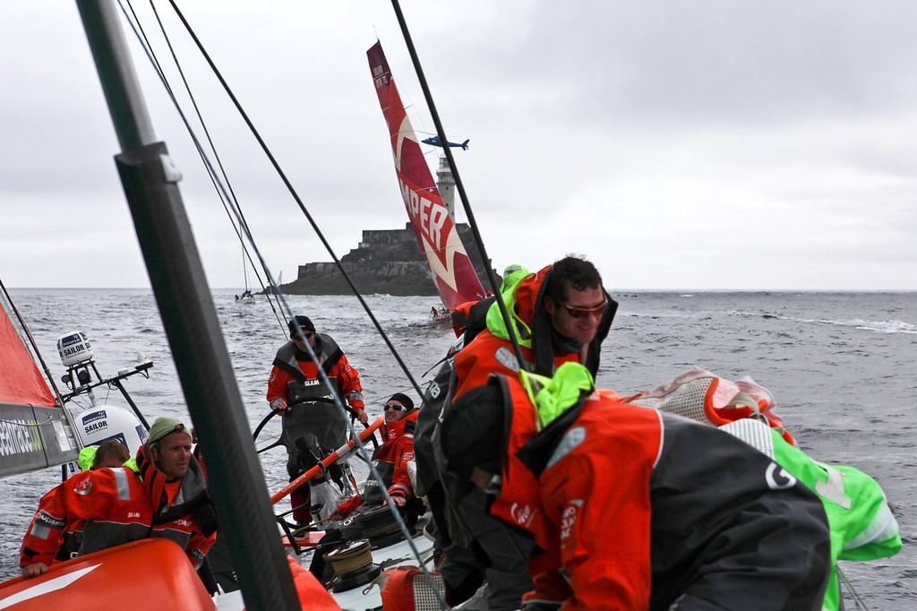 Groupama Sailing Team moving stack while they getting closer to round the Fastnet rock during leg 9 of the Volvo Ocean Race 2011-12, from Lorient, France to Galway, Ireland.  © Yann Riou/Groupama Sailing Team /Volvo Ocean Race http://www.cammas-groupama.com/
