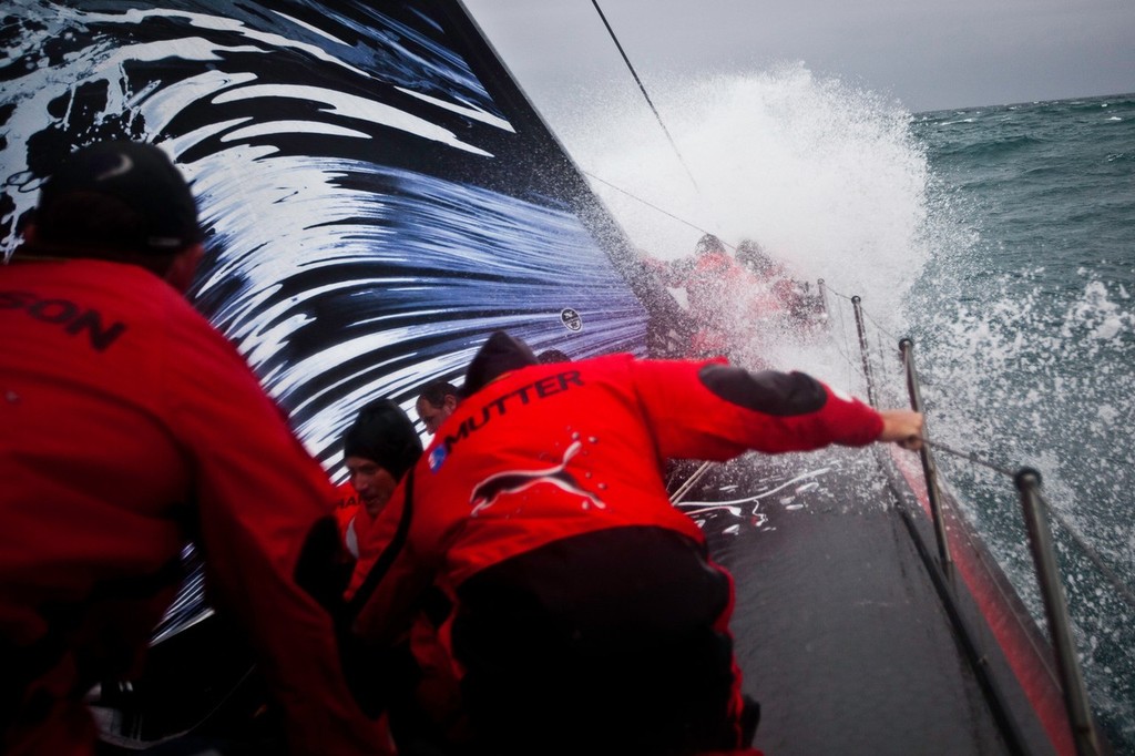 A wet sail change in big waves. PUMA Ocean Racing powered by BERG during leg 5 of the Volvo Ocean Race 2011-12, from Auckland, New Zealand, to Itajai, Brazil. (Credit: Amory Ross/PUMA Ocean Racing/Volvo Ocean Race) photo copyright Amory Ross/Puma Ocean Racing/Volvo Ocean Race http://www.puma.com/sailing taken at  and featuring the  class