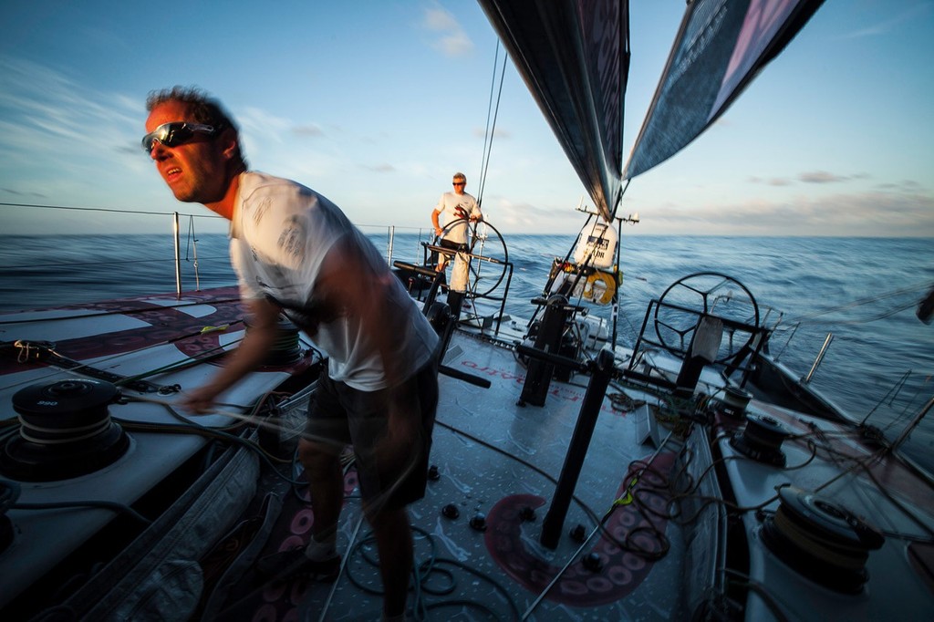 Jono Swain and Tony Mutter keep Mar Mostro moving in light winds, during leg 6 of the Volvo Ocean Race 2011-12, from Itajai, Brazil, to Miami, USA. © Amory Ross/Puma Ocean Racing/Volvo Ocean Race http://www.puma.com/sailing