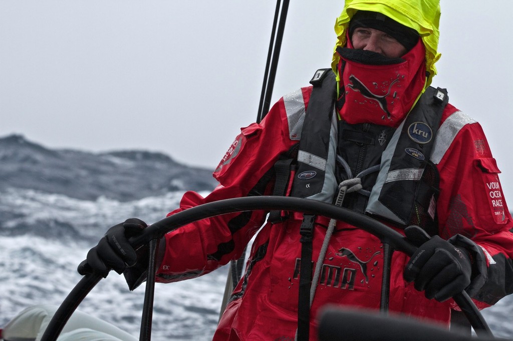 Skipper Ken Read at the helm in the Southern Ocean. PUMA Ocean Racing powered by BERG during leg 5 of the Volvo Ocean Race 2011-12, from Auckland, New Zealand, to Itajai, Brazil. (Credit: Amory Ross/PUMA Ocean Racing/Volvo Ocean Race) © Amory Ross/Puma Ocean Racing/Volvo Ocean Race http://www.puma.com/sailing
