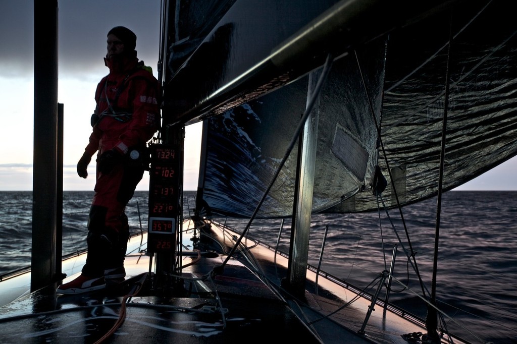 Casey Smith waits for action by the mast, onboard PUMA Ocean Racing powered by BERG during leg 5 of the Volvo Ocean Race 2011-12, from Auckland, New Zealand, to Itajai, Brazil. (Credit: Amory Ross/PUMA Ocean Racing/Volvo Ocean Race) photo copyright Amory Ross/Puma Ocean Racing/Volvo Ocean Race http://www.puma.com/sailing taken at  and featuring the  class