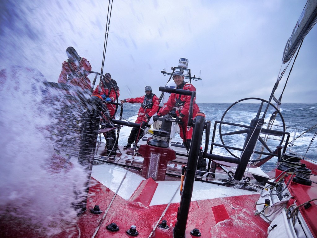 Daryl Wislang driving at high speed in the Southern Ocean onboard CAMPER with Emirates Team New Zealand during leg 5 of the Volvo Ocean Race 2011-12, from Auckland, New Zealand to Itajai, Brazil. © Hamish Hooper/Camper ETNZ/Volvo Ocean Race