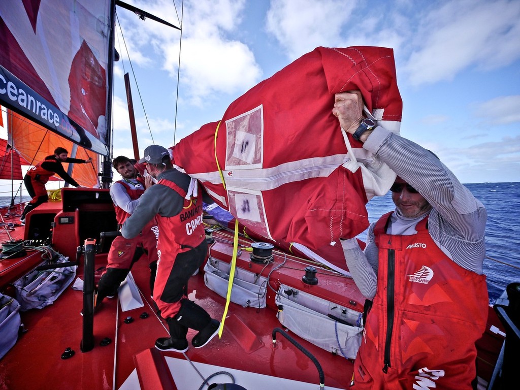 The crew shift the stack prior to a gybe onboard CAMPER with Emirates Team New Zealand during leg 5 of the Volvo Ocean Race 2011-12, from Auckland, New Zealand to Itajai, Brazil. (Credit: Hamish Hooper/CAMPER ETNZ/Volvo Ocean Race) photo copyright Hamish Hooper/Camper ETNZ/Volvo Ocean Race taken at  and featuring the  class