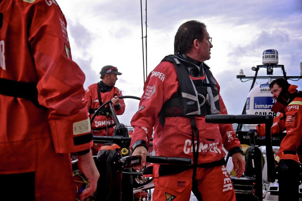 Skipper Chris Nicholson and Navigator Will Oxley glance back to see what Team Sanya are doing from onboard CAMPER with Emirates Team New Zealand during leg 7 of the Volvo Ocean Race 2011-12, from Miami, USA to Lisbon, Portugal. (Credit: Hamish Hooper/CAMPER ETNZ/Volvo Ocean Race) photo copyright Hamish Hooper/Camper ETNZ/Volvo Ocean Race taken at  and featuring the  class