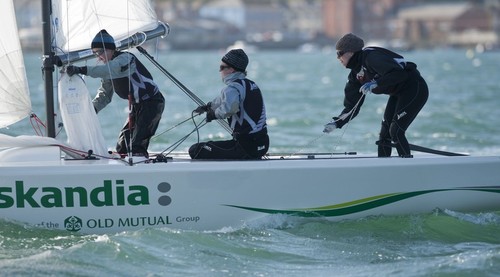 Stephanie Hazard, with Jenna Hansen and Susannah Pyatt (NZL) racing in the Womens Match Racing class on day 6 of the Skandia Sail for Gold Regatta, in Weymouth  © onEdition http://www.onEdition.com