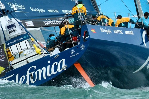 Telefonica showing her starboard rudder (orange foil) and the gudgeons for the emergency rudder mounted directly on the transom.  © Richard Gladwell www.photosport.co.nz