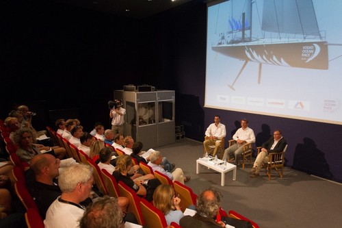 Patrick Shaughnessy, President of Farr Yacht Design, Knut Frostad, Volvo Ocean Race CEO and Yann Penfornis, Director of Multiplast. Volvo Ocean Race announces a new boat design that will be used in the next two editions of the Volvo Ocean Race. The new boat design from Farr Yacht Design was unveiled at a presentation in Lorient, the ninth host port of the 2011-12 edition of the race.  © Ian Roman/Volvo Ocean Race http://www.volvooceanrace.com