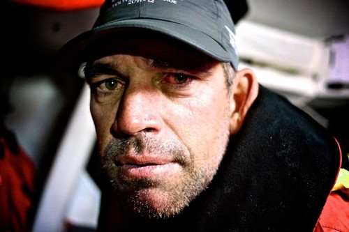 The red stinging eyes of Stuart Bannatyne after coming off watch, onboard Camper with Emirates Team New Zealand during leg 8 of the Volvo Ocean Race 2011-12, from Lisbon, Portugal to Lorient, France.  © Hamish Hooper/Camper ETNZ/Volvo Ocean Race