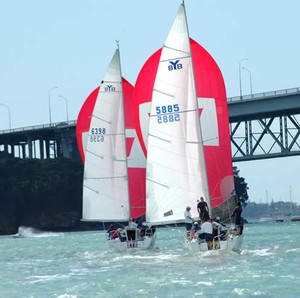 Westpac kites sailing under the Harbour Bridge photo copyright Y88 Class Association www.y88.org.nz taken at  and featuring the  class