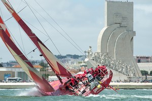 CAMPER with Emirates Team New Zealand passes Padrão dos Descobrimentos monument at the start of Leg eight from Lisbon, Portugal. Volvo Ocean race 2011-12. 10/6/2012 photo copyright Chris Cameron/ETNZ http://www.chriscameron.co.nz taken at  and featuring the  class