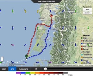 There are two routes into Puerto Montt, it is assumed that Camper will follow the blue route, and return to close to the start point (taken 1 hour after she suspended racing) to rsstart for Brazil. photo copyright PredictWind.com www.predictwind.com taken at  and featuring the  class