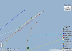 Current fleet positions, showing most of the fleet heading north, with Telefonica (Turquoise track) shown as heading east and therefore closer in terms of distance to the finish. photo copyright PredictWind.com www.predictwind.com taken at  and featuring the  class