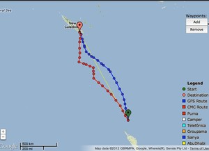 Predictwind track for V5 at 0900 on June 4, 2012, the blue GFS track will get her quickly through the 25kts winds on a fast reaching course - Evolution Sails Sail Noumea 2012. photo copyright PredictWind.com www.predictwind.com taken at  and featuring the  class