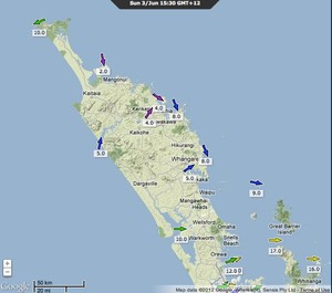 Predictwind realtime observations at 1530hrs June 3, 2012 for northern New Zealand. Wind strength is expressed in kts - Evolution Sails Sail Noumea 2012 photo copyright PredictWind.com www.predictwind.com taken at  and featuring the  class