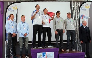Nathan Outteridge and Iain Jensen on the 49er podium in Hyeres - Semaine Olympique Francaise 2012 photo copyright Katie Culbert taken at  and featuring the  class
