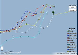 Fleet positions as the leaders move north to avoid light winds to the east, between them and the finish in Lisbon. photo copyright PredictWind.com www.predictwind.com taken at  and featuring the  class