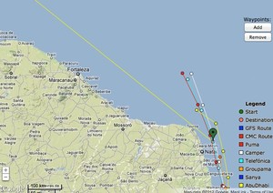 Volvo Ocean Race positions, Leg 6 at 0400hrs on 29 April: Predictwind shows Puma making an early turn for Florida. Camper (White) and Telefonica (Aqua). photo copyright PredictWind.com www.predictwind.com taken at  and featuring the  class