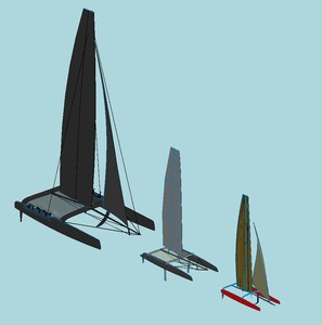 Scale comparisons ... the AC72 dwarfs the AC45 and the team&rsquo;s SL33, which is being used as design and sailing team development. photo copyright SW taken at  and featuring the  class