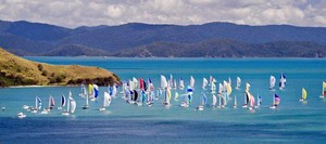 Close racing in the tropics: Part of the fleet at Audi Hamilton Island Race Week heads towards the famous waters of the Whitsunday Passage. photo copyright Ciaran Handy http://www.sail-world.com taken at  and featuring the  class