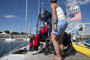 Canadian sailor Christine Lavallée utilizes a lift to access her 2.4 Metre. photo copyright Thornton Cohen taken at  and featuring the  class
