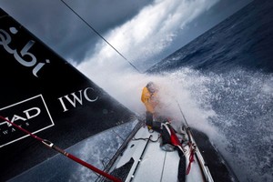 Justin Slattery on the bow for a peel, onboard Abu Dhabi Ocean Racing during leg 7 of the Volvo Ocean Race 2011-12, from Miami, USA to Lisbon, Portugal. photo copyright Nick Dana/Abu Dhabi Ocean Racing /Volvo Ocean Race http://www.volvooceanrace.org taken at  and featuring the  class