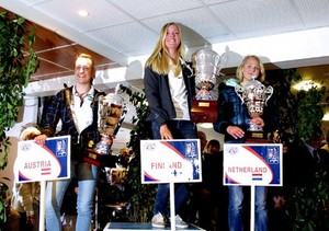 Lara Vadlau Austria 2nd, Niki Blassar, Finland, the winner and Daphne van dae Vaart, Netherlands 3rd. 2010 Byte CII Worlds photo copyright Philippe Guegan, Voile et Voiliers taken at  and featuring the  class