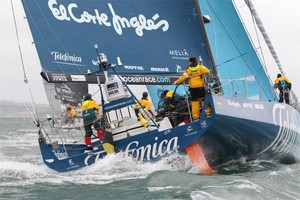Team Telefonica, skippered by Iker Martinez from Spain during the start of leg 5 of the Volvo Ocean Race 2011-12, from Auckland, New Zealand to Itajai, Brazil photo copyright Ian Roman/Volvo Ocean Race http://www.volvooceanrace.com taken at  and featuring the  class