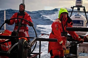 Skipper Chris Nicholson helming in huge seas, onboard CAMPER with Emirates Team New Zealand during leg 5 of the Volvo Ocean Race 2011-12, from Auckland, New Zealand to Itajai, Brazil. photo copyright Hamish Hooper/Camper ETNZ/Volvo Ocean Race taken at  and featuring the  class