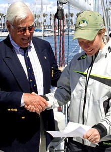 California Dreamin' Series winner Nicole Breault of St. Francis YC accepts Ficker Cup invitation from LBYC vice commodore Dick Miller . photo copyright Rich Roberts http://www.UnderTheSunPhotos.com taken at  and featuring the  class