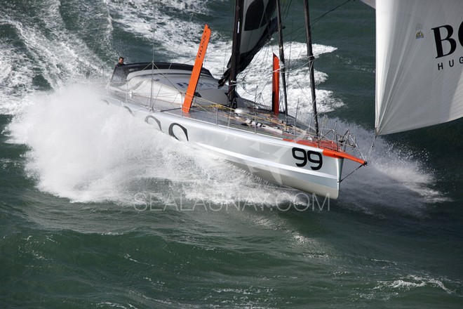 Aerial photo-shoot of the IMOCA Open 60 Alex Thomson Racing Hugo Boss during a training session before the Vendée Globe in the English Channel. © Christophe Launay
