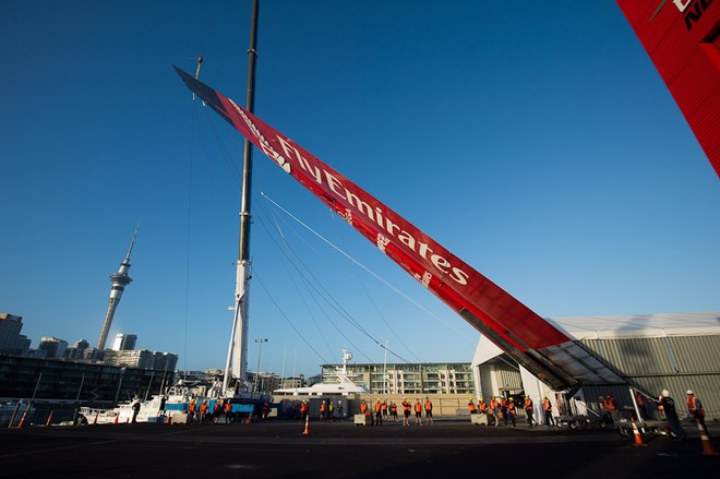 Emirates Team New Zealand step the AC72 wing for the first time at the team’s base in Auckland. © Chris Cameron/ETNZ http://www.chriscameron.co.nz