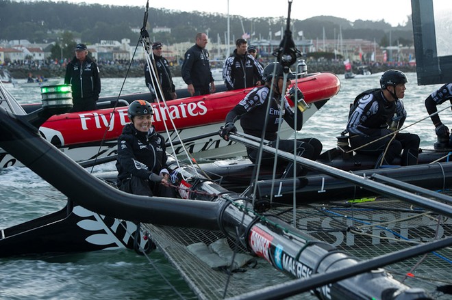 Emirates Team New Zealand’s long time sponsor Omega  has Omega ambassador and Olympic medalist swimmer, Natalie Coughlin on the AC45 for race four on day three of the America’s Cup World Series, San Francisco.  © Chris Cameron/ETNZ http://www.chriscameron.co.nz