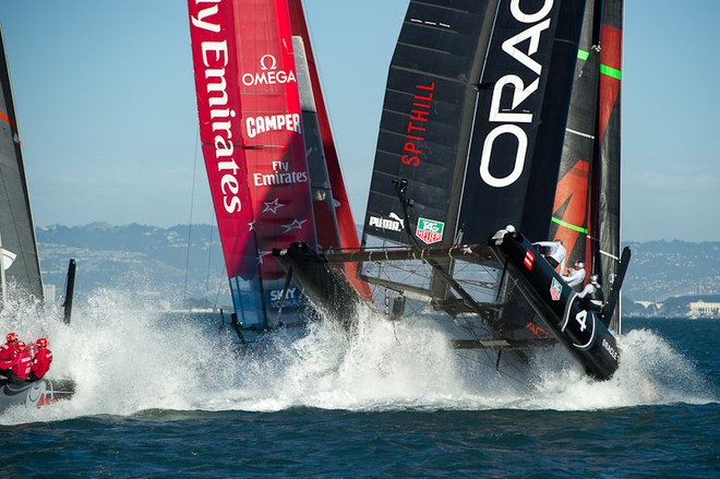 Oracle Team USA digs the bows in and capsizes at the first mark in the first fleet race of day four of the America’s Cup World Series, San Francisco.  ©  SW