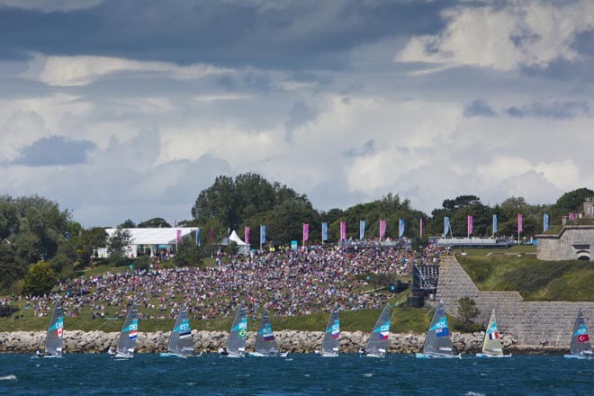 4000 paying spectators each day. Finn class racing at the 2012 Olympic Games London/Weymouth © 2012 Daniel Forster/go4image.com http://www.go4image.com/