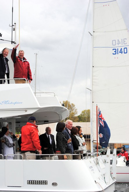 Tasmanian State Governor Peter Underwood takes the salute from ML Masterpiece.  ©  Andrea Francolini Photography http://www.afrancolini.com/