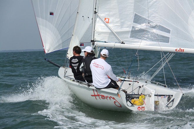 Andy Oddie, Justin Eede and Kevin Lindsay enjoying a downwinder at Cowes Week 2012. Oddie’s SB20 called Harry is on its way to Australia via ship for the UON SB20 World Championships at Hamilton Island. © Eddie Mays